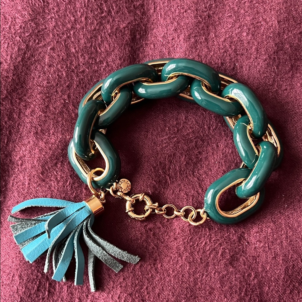 J. Crew Enamelled Green and Gold Chain Bracelet with Tassel